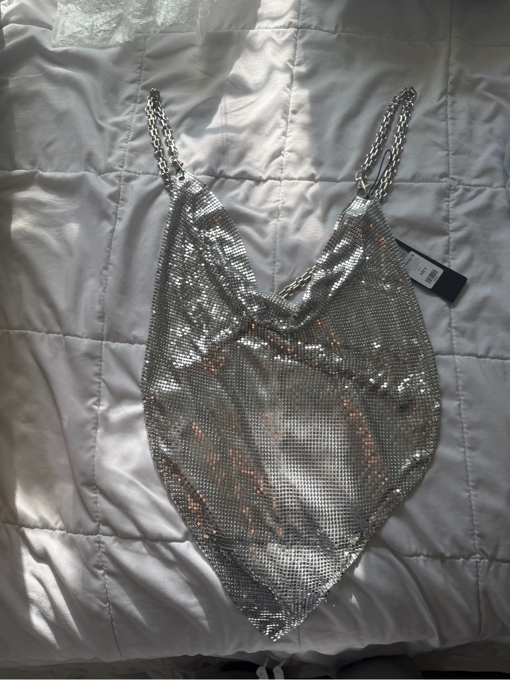 Fashion Nova Silver Sequin Mesh Chain Halter Top